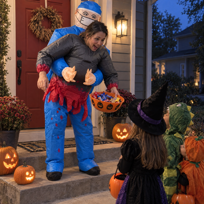 Handing out candy to trick-or-treaters in The Malpractice costume